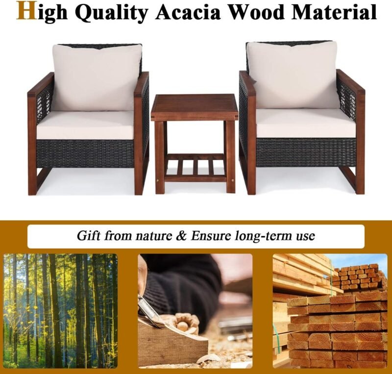 Tangkula 3 Pieces Patio Wicker Furniture Set, Rattan Outdoor Sofa Set w/Washable Cushion & Acacia Wood Coffee Table, Conversation Bistro Set for Garden Balcony Backyard (Beige) - Imagen 6