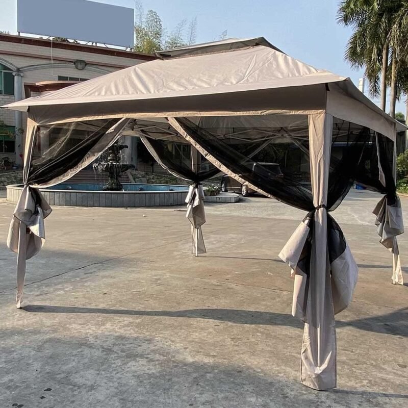BAKAJI Gazebo de 3 x 3 Metros Plegable con mosquiteras de Tela de poliéster Impermeable, Estructura de Metal Plegable para acordeón, Carpa portátil, Feria, Mercado de jardín, Exterior, Funda Beige - Imagen 7