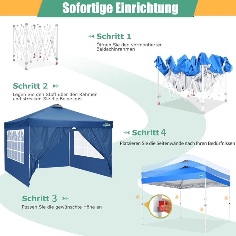 COBIZI 3x3 Pergolas de Jardín, Protección UV Carpas para Exteriores, Impermeable Cenadores para Jardin, Cubra con Respiraderos, con 4 Paredes y 4 Bolsas de Arena,para Camping, Fiestas, Azul - Imagen 3