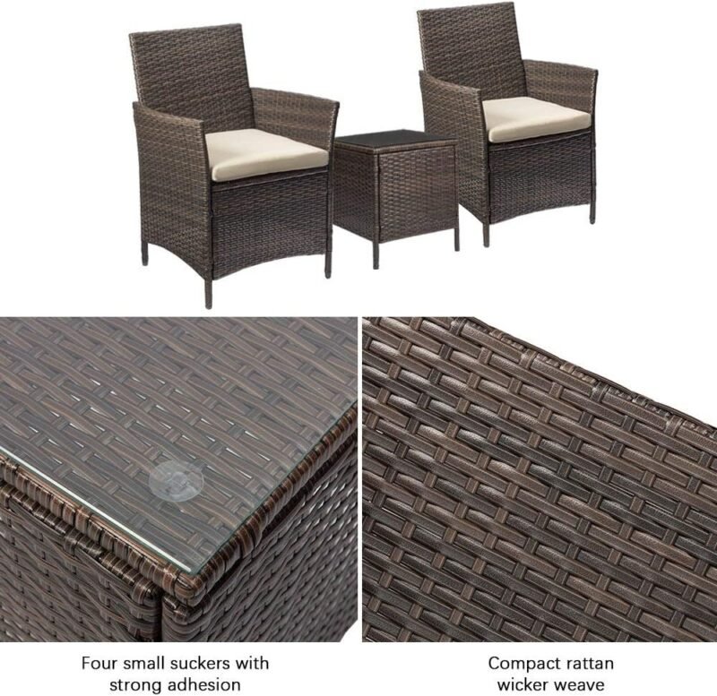 Devoko Patio Porch Furniture Sets 3 Pieces PE Rattan Wicker Chairs with Table Outdoor Garden Furniture Sets (Brown/Beige) - Imagen 5