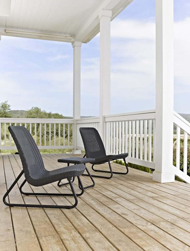 Keter Rio 3 Piece Resin Wicker Patio Furniture Set with Side Table and Outdoor Chairs for Front Porch and Backyard Decor, Dark Grey - Imagen 11