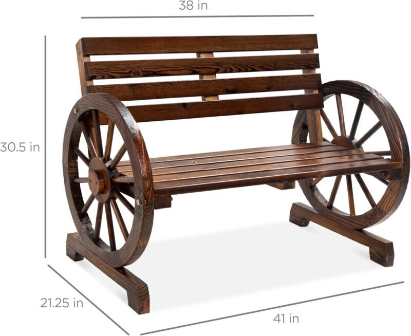 Best Choice Products 2-Person Wooden Wagon Wheel Bench for Backyard, Patio, Porch, Garden, Outdoor Lounge Furniture w/Rustic Country Design, Slatted Seat and Backrest - Brown - Imagen 2
