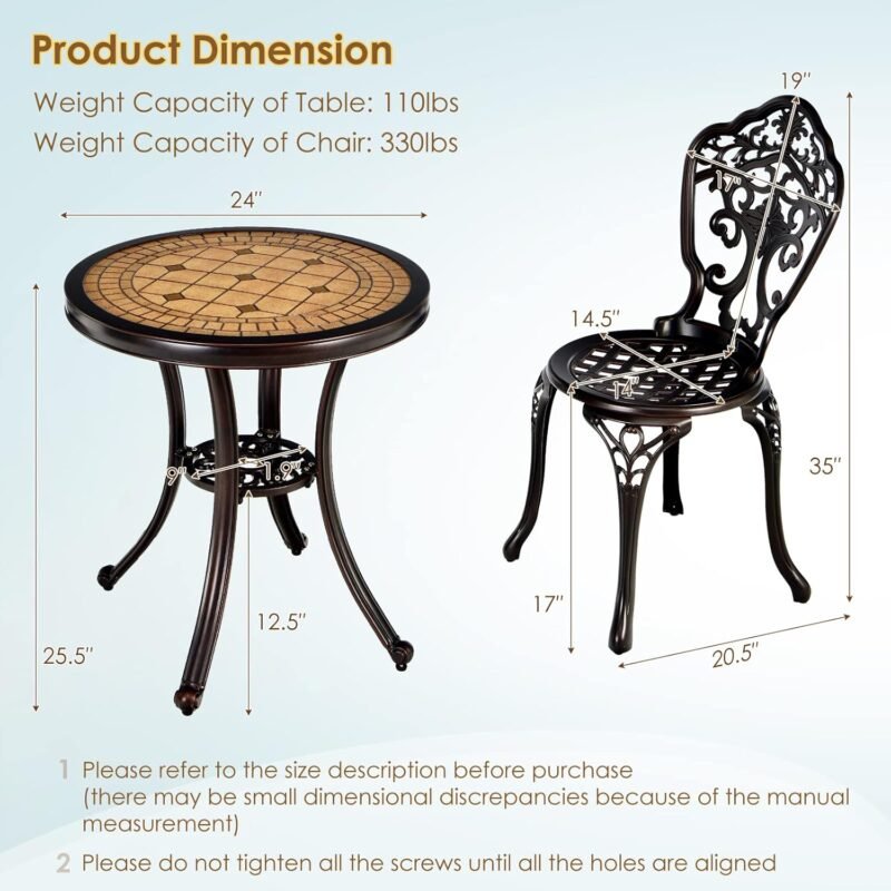 Giantex 3 Piece Patio Bistro Set, Cast Aluminum Patio Table and Chairs with Adjustable Feet, Outdoor Dining Chairs and Table Set for Lawn Porch Garden Balcony Backyard Poolside (Red Copper) - Imagen 9