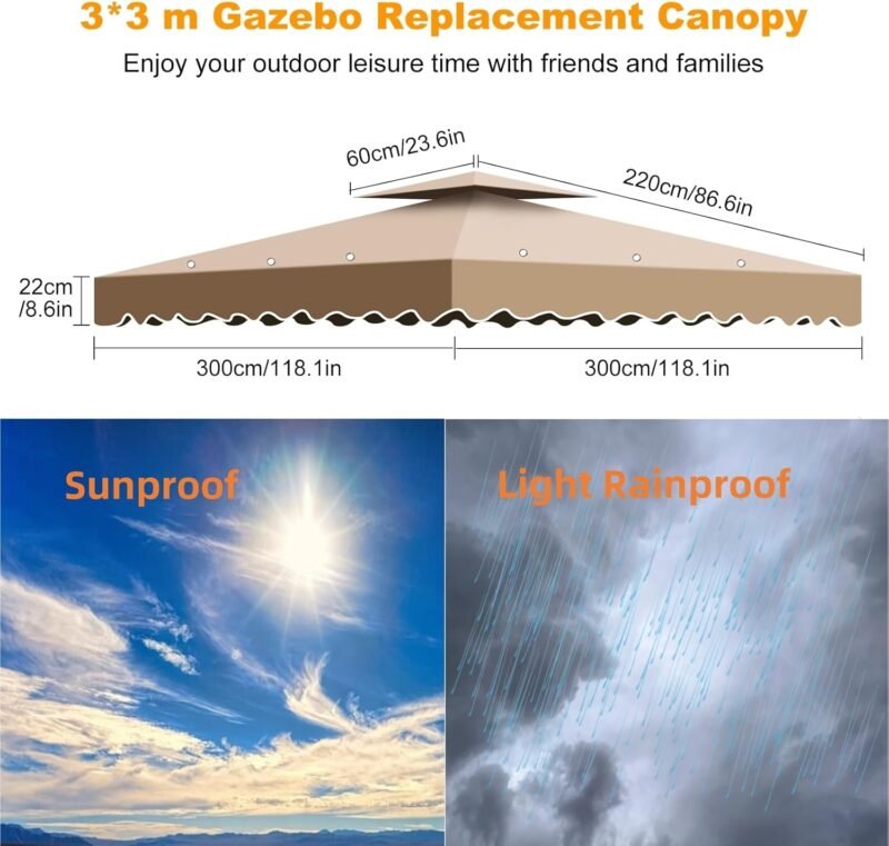 Techo de Repuesto 3 x 3 m para Cenador de Jardín con ventilación, 2 Niveles Cubierta para Carpa Pabellon, Techo de Repuesto Desmontable para Camping, Playa, Barbacoa Gazebo - Imagen 5