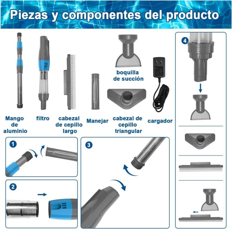 PoolyPoly Aspirador de Piscina Inalámbrico con Batería Recargable, Kit de Limpiafondos de Piscina con Skimmer, Cepillo, Estropajo, Aspirador Manual para SPA, Jacuzzi, Piscina Pequeña, Gris - Imagen 6