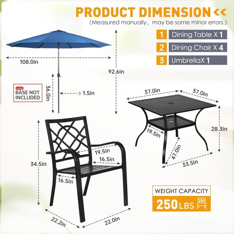 SUNCROWN 5-Piece Outdoor Wrought Iron Chairs and Table Patio Dining Furniture Set - 4 Stackable Metal Chairs, 1 Steel Slat Bistro Table and 1 Dark Blue 9Ft Patio Umbrella for Garden Backyard Deck - Imagen 8