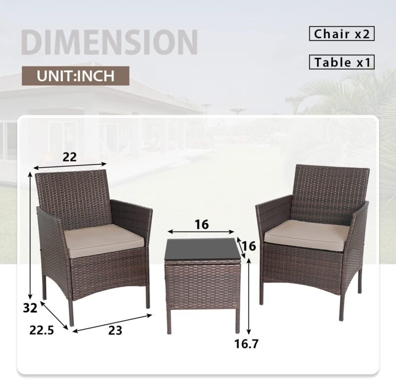 PayLessHere 3-Piece Outdoor Wicker Conversation Bistro Set Outdoor Patio Porch Furniture Sets for Yard, Garden with 2 PE Rattan Wicker Chairs, 2 Cushions,1 coffee table (Khaki) - Imagen 7