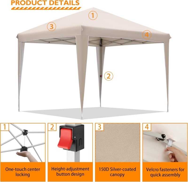 BONTEC Cenador de 3 x 3 m, Carpa de Jardín con Resistente al Agua, Estable, Resistente al Invierno, Sistema de Clic Desplegable, Carpa Plegable con Protección UV 50+, Carpa con Puntales de Metal - Imagen 2