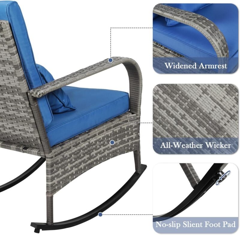 3 Pieces Patio PE Rattan Conversation Chair Set, Outdoor Furniture Rocking Chair Set with Water-Proof Cushion&Coffee Table for Garden,Backyard and Porch (Dark Blue) - Imagen 5