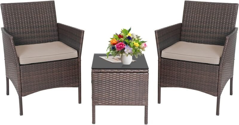PayLessHere 3-Piece Outdoor Wicker Conversation Bistro Set Outdoor Patio Porch Furniture Sets for Yard, Garden with 2 PE Rattan Wicker Chairs, 2 Cushions,1 coffee table (Khaki)