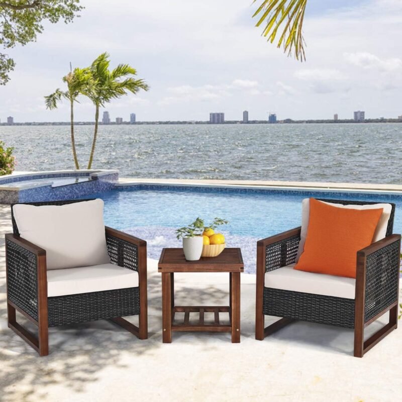 Tangkula 3 Pieces Patio Wicker Furniture Set, Rattan Outdoor Sofa Set w/Washable Cushion & Acacia Wood Coffee Table, Conversation Bistro Set for Garden Balcony Backyard (Beige) - Imagen 4
