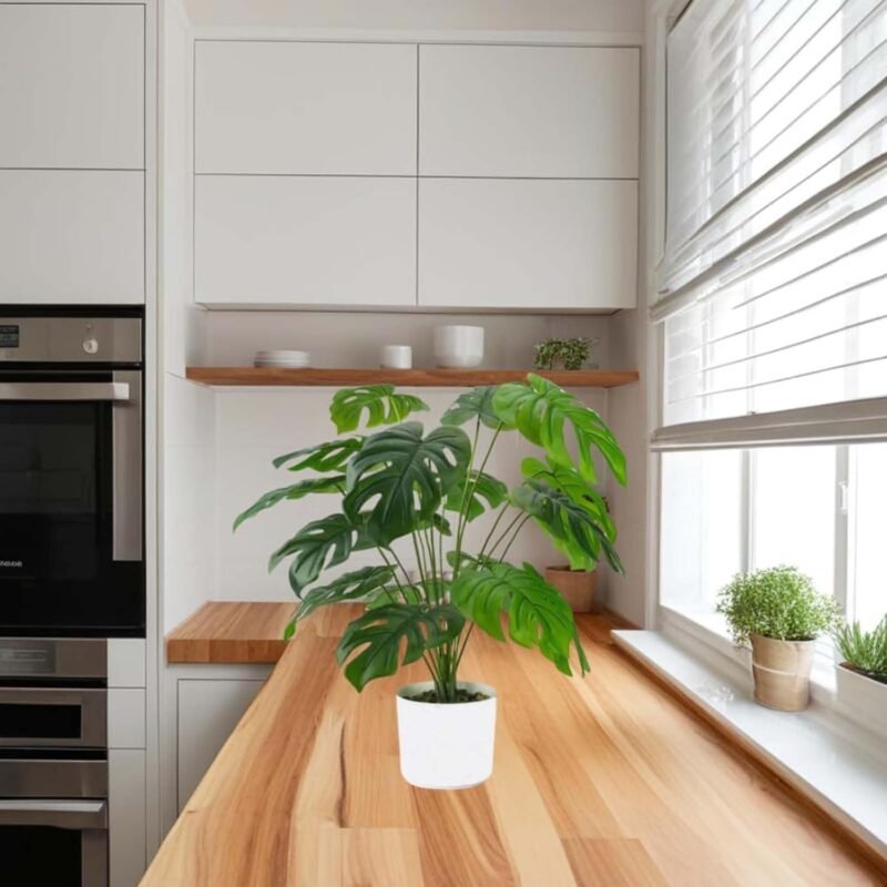Laelfe Planta Artificial Monstera en Maceta, Planta Falsa Palmera Tropical para Interiores Exteriores Hogares, Oficinas, Jardines, Salas de Estar, Mesas, Escritorios (23,6in) - Imagen 7