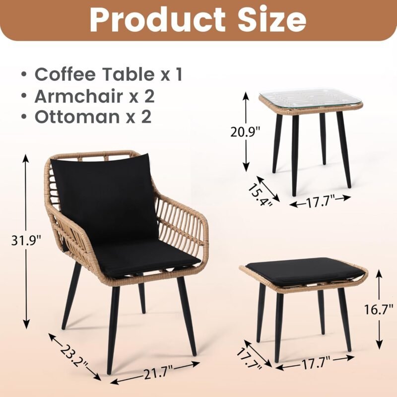 Outdoor Wicker Chairs and Table Bistro Conversation Furniture Set, 5 Pieces with Ottoman for Porch, Balcony, Deck, Patio, Backyard, Natural Color - Imagen 7