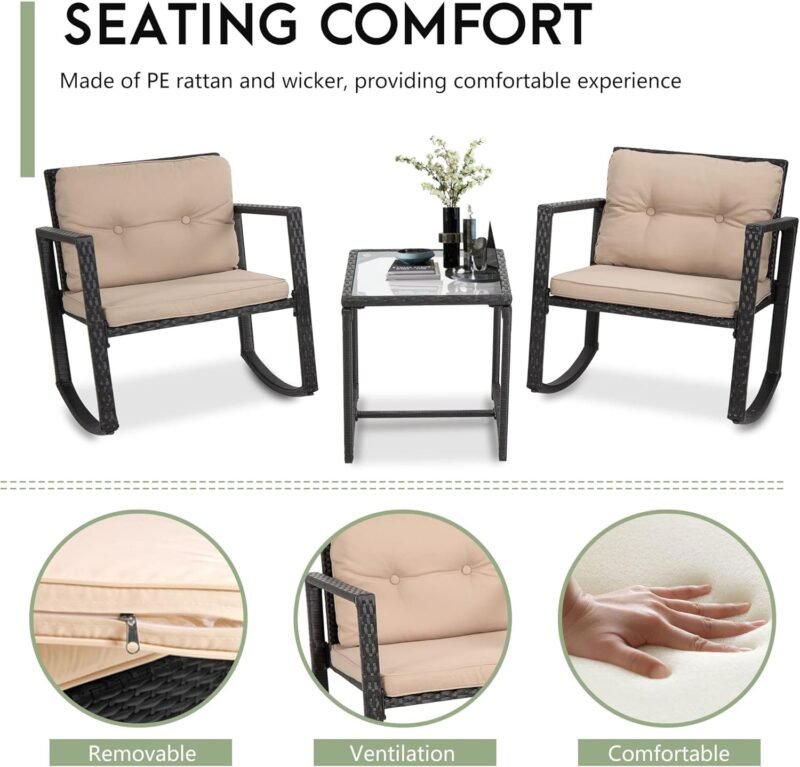 FDW Wicker Patio Furniture Outdoor Bistro Set, Rocking Chair, 3 Piece, Rattan Conversation Set for Backyard Porch Poolside Lawn with Coffee Table,Black - Imagen 5