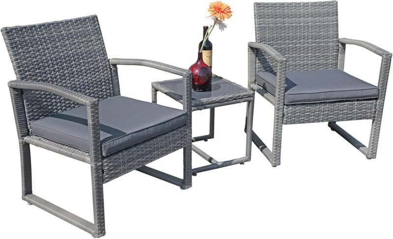 Patiorama 3 Piece Outdoor Patio Furniture Conversation Set, Rattan Chair Set With Coffee Table, For Garden, Balcony, Backyard, Poolside (Dark Grey)