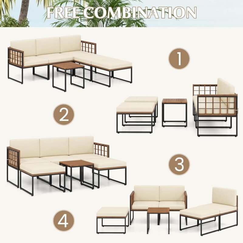 Tangkula 6 Pieces Acacia Wood Patio Furniture Set, Patiojoy Outdoor Sectional Conversation Sofa Set with Cushions, Coffee Table and Ottomans, Patio Seating Sofas for Garden, Poolside, Backyard (Beige) - Imagen 7