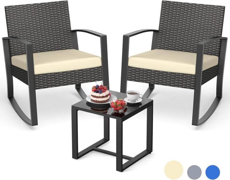 Aiho 3 Pieces Patio Furniture Set, Outdoor Wicker Bistro Rocking Chair Sets with Cushion, Porch Furniture Set with Glass Table, Modern Rattan Conversation Sets for Porches and Balcony, Beige Cushion
