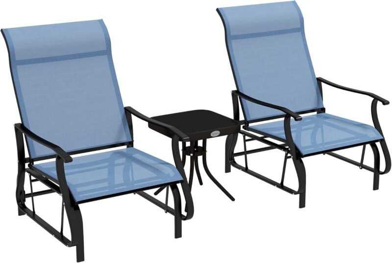 Outsunny 3-Piece Outdoor Gliders Set Bistro Set with Steel Frame, Tempered Glass Top Table for Patio, Garden, Backyard, Lawn, Light Blue