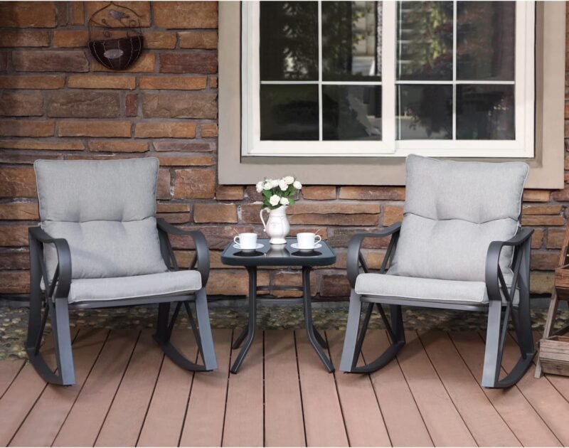 COSIEST 3 Piece Bistro Set Patio Rocking Chairs Outdoor Furniture w Warm Gray Cushions, Glass-Top Table for Garden, Pool, Backyard - Imagen 2