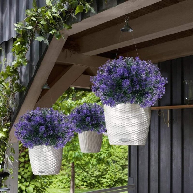KOSHIFU 4 Piezas Flores Artificiales Exteriores Interiores Púrpura Plantas Artificiales Arbustos 7 Ramas Flores Plástico Decorativas Primavera Verano para Balcón Jardín Cementerio Ventana Hogar Jarrón - Imagen 3