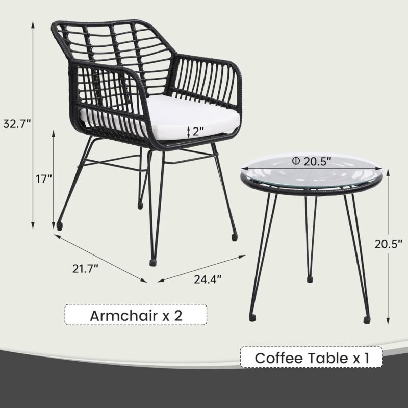 3 Pieces Wicker Patio Bistro Furniture Set, Includes 2 Chairs and Glass Top Table, Ideal for Porch, Outdoor, Backyard, Apartment, Balcony Black Color - Imagen 7