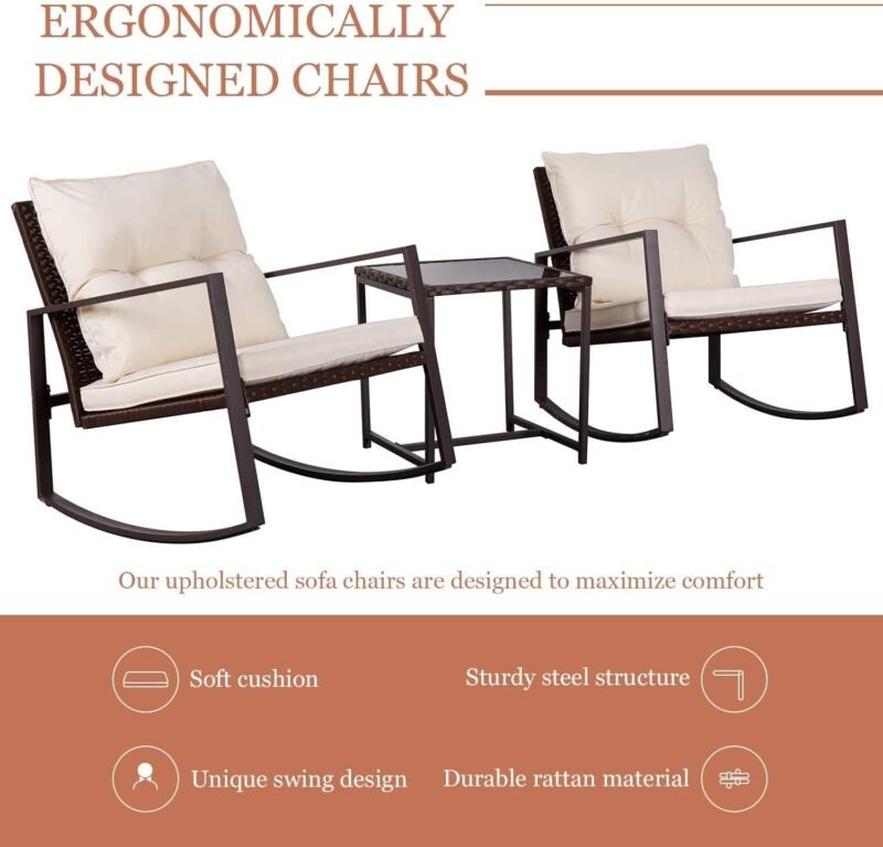 SUNCROWN 3-Piece Patio Bistro Set Outdoor Rocking Chairs Set Brown Wicker Porch Chairs with Glass Coffee Table, Beige Cushion - Imagen 3