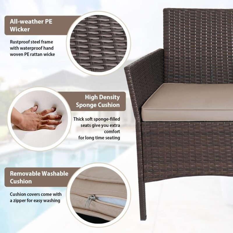 PayLessHere 3-Piece Outdoor Wicker Conversation Bistro Set Outdoor Patio Porch Furniture Sets for Yard, Garden with 2 PE Rattan Wicker Chairs, 2 Cushions,1 coffee table (Khaki) - Imagen 4