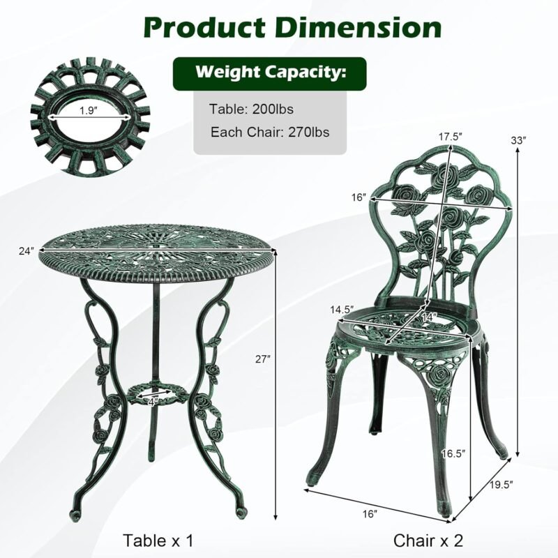 Giantex 3 Piece Bistro Set Cast Aluminum Rose Design Antique Outdoor Patio Furniture Weather Resistant Garden Round Table and Chairs w/Umbrella Hole (Rose Design) - Imagen 6