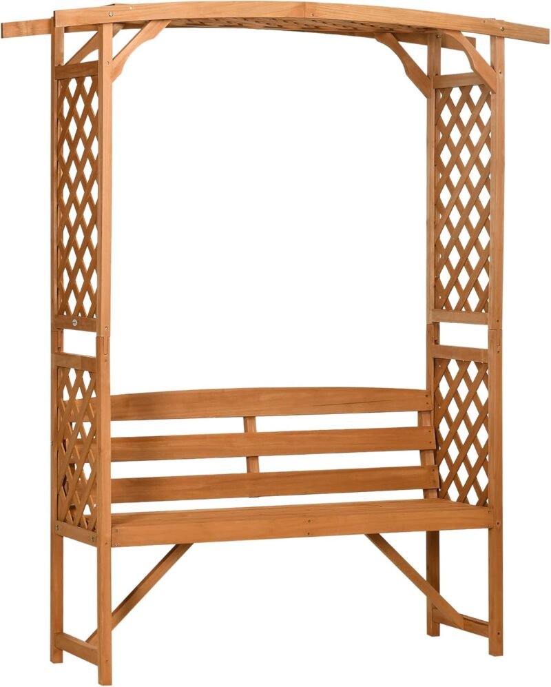 Outsunny Patio Garden Bench Arbor Arch with Pergola and 2 Trellises, 3 Seat Natural Wooden Outdoor Bench for Grape Vines & Climbing Plants, Backyard Decor, Brown