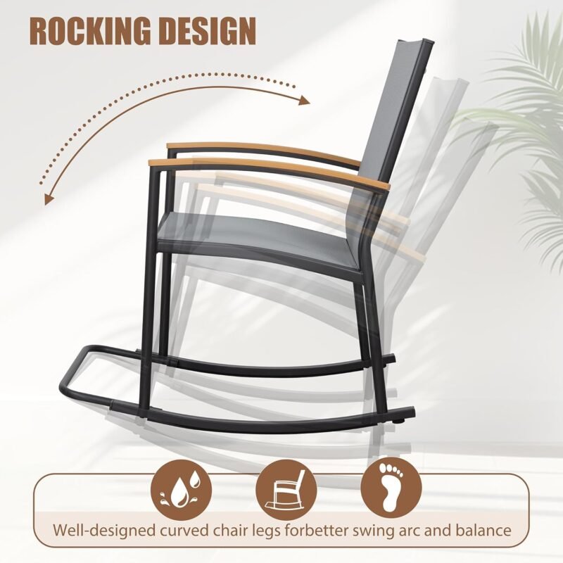 Shintenchi 3 Piece Outdoor Rocking Bistro Set, Textilene Fabric Small Patio Furniture Set, Front Porch Rocker Chairs Conversation Set with Table for Lawn, Garden, Balcony, Poolside (Light Gray) - Imagen 2