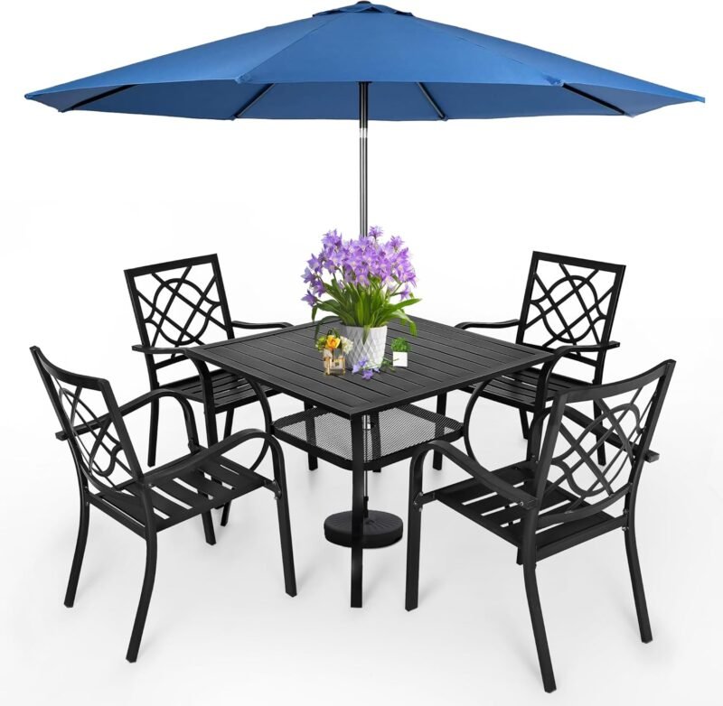 SUNCROWN 5-Piece Outdoor Wrought Iron Chairs and Table Patio Dining Furniture Set - 4 Stackable Metal Chairs, 1 Steel Slat Bistro Table and 1 Dark Blue 9Ft Patio Umbrella for Garden Backyard Deck