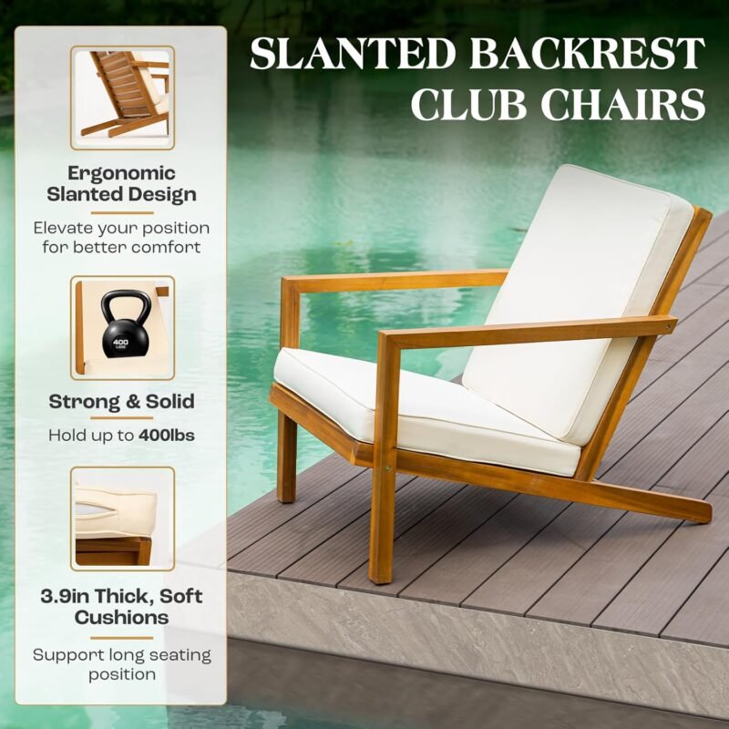 IDZO Eleve 3-Piece Patio Bistro Set: 400lbs Lounge Chairs, Water-Proof Cushions, Wooden Side Table, Ergonomic Design for Garden Or Porch - Imagen 6