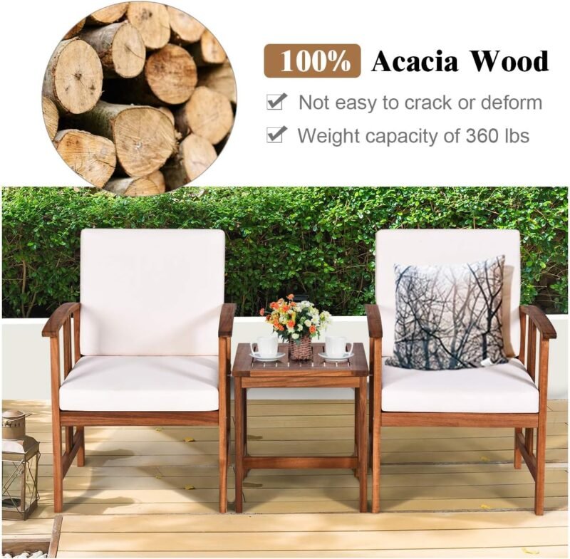 Tangkula 3 Pieces Patio Furniture Set, Includes Set of 2 Outdoor Acacia Wood Cushioned Chairs and Coffee Table, for Garden, Backyard, Poolside, Bistro and Deck, Patio Conversation Chat Set (White) - Imagen 8