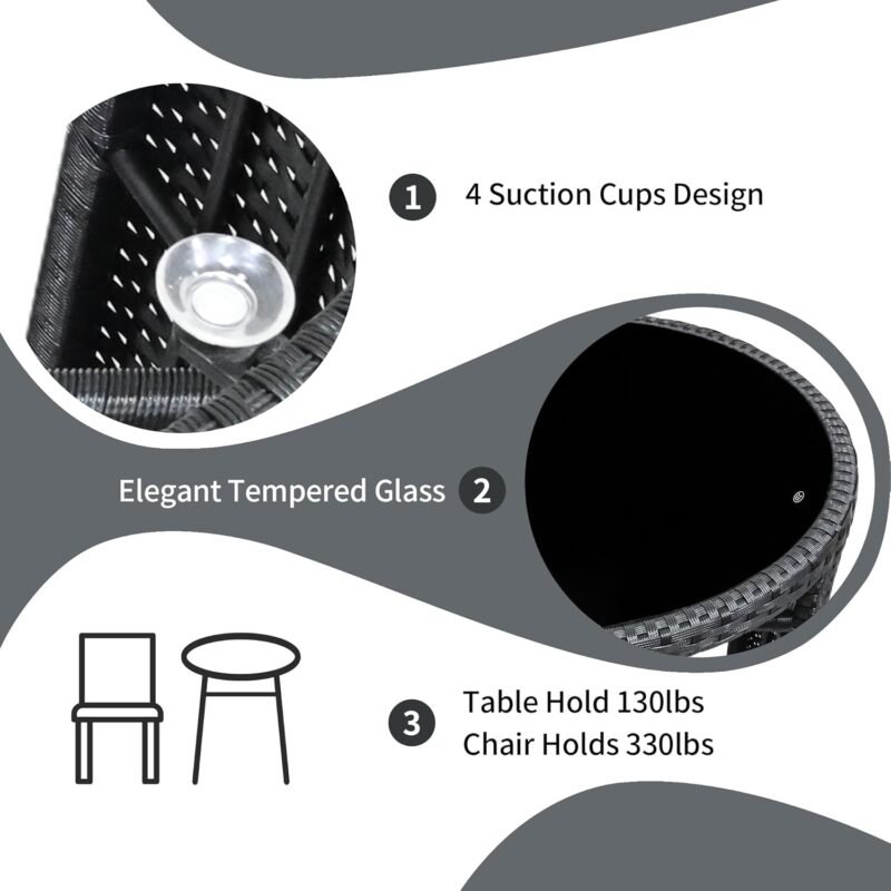 TWT 3 Pieces Aluminum Outdoor Patio Bistro Set All-Weather Wicker Patio Furniture with Tempered Glass Table & Patio Chairs for Poolside Porch Deck Apartment Black - Imagen 7
