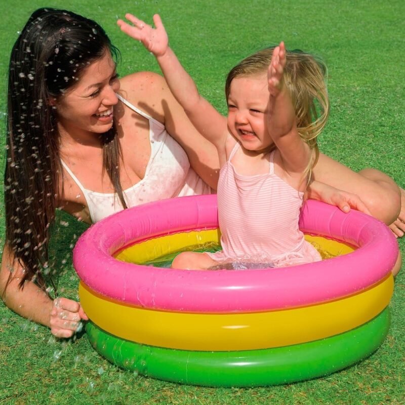 Intex 57107NP - Piscina Redonda hinchable 3 aros +base hinchable 61 x 22 cm, 28 l, Azul, rosa, verde, 1 a 3 años - Imagen 2