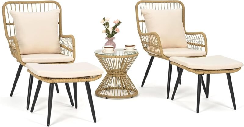 Pamapic Outdoor Patio Bistro Set with Ottoman 5 Piece Rattan Wicker Conversation Chair Sets Balcony Furniture Chairs for Yard Garden Porch Backyard Poolside, Beige
