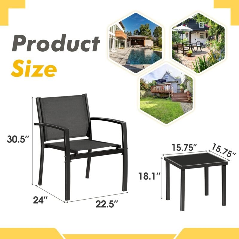 Greesum 3 Pieces Patio Furniture Outdoor Bistro Set Textilene Fabric Chairs for Lawn, Garden, Balcony, Poolside with A Glass Coffee Table, Black - Imagen 7
