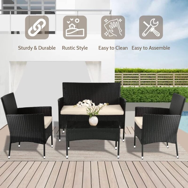 FDW Patio Furniture Set 4 Pieces Outdoor Rattan Chair Wicker Sofa Garden Conversation Bistro Sets for Yard,Pool or Backyard - Imagen 4