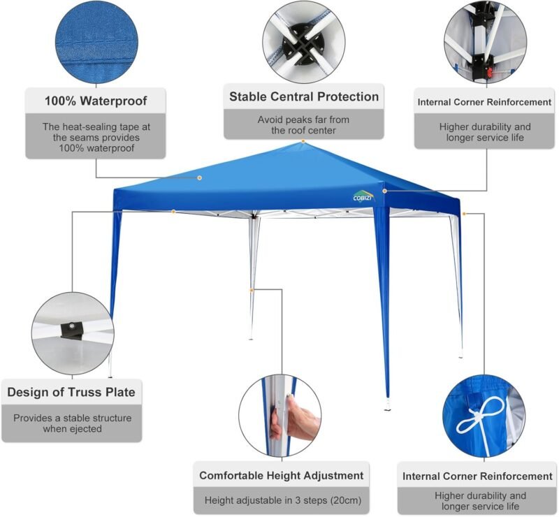 COBIZI Cenador Plegable 3 x 3 m, Impermeable, 3 x 3 m, Plegable, 3 x 3 m, Altura Regulable, con 4 Sacos de Arena (Azul - Imagen 6