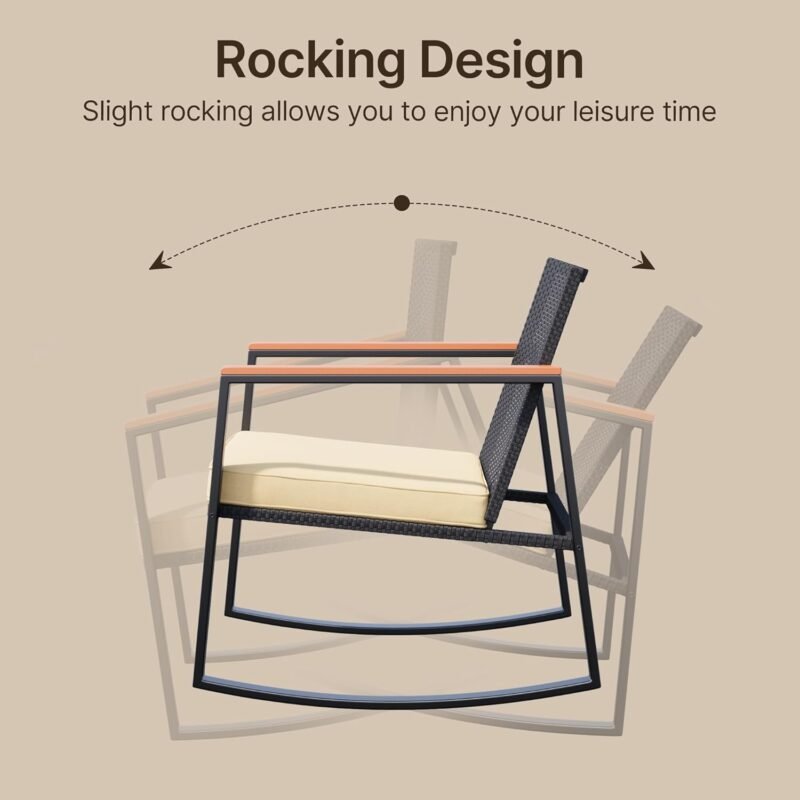 Gizoon 3 Pieces Rocking Patio Bistro Set with Anti-Scald Armrest, Outdoor Patio Wicker Furniture Set with Glass Table and Cushion for Garden, Yard, Porch - Imagen 5