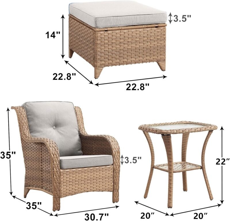 Patio Furniture Swivel Chairs Set - 5 Piece Rattan Wicker Outdoor Sectional Conversation Sets with 2 Swivel Rocking Chairs,2 Ottomans and 1 Side Table for Porch Deck Garden(Yellow/Beige) - Imagen 2