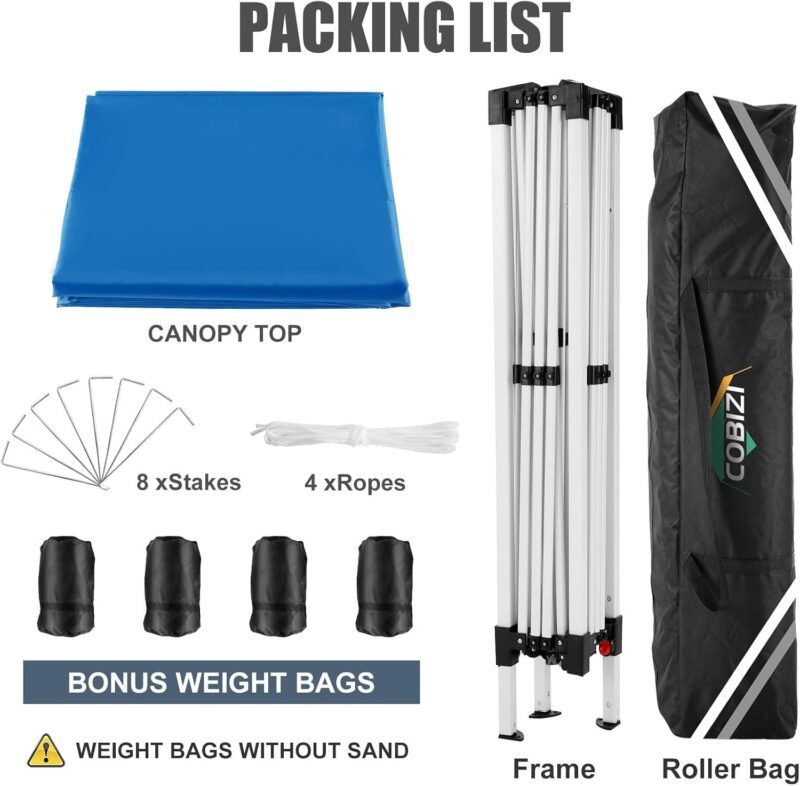 COBIZI Cenador Plegable 3 x 3 m, Impermeable, 3 x 3 m, Plegable, 3 x 3 m, Altura Regulable, con 4 Sacos de Arena (Azul - Imagen 5