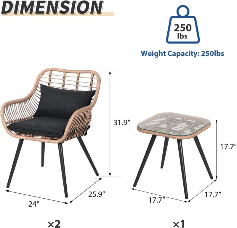 Verano Garden 3 Piece Patio Bistro Set, Outdoor Wicker Conversation Chair Sets Balcony Furniture,Coffee Table with Glass Top, Cushions & Lumbar Pillows for Porch, Backyard, Deck, Poolside - Imagen 6