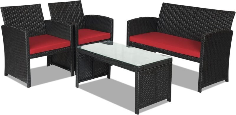Goplus Rattan Patio Furniture Set 4 Pieces, Outdoor Wicker Conversation Sofa and Table Set with Soft Cushions & Tempered Glass Coffee Table for Balcony Garden Backyard (Red) - Imagen 9