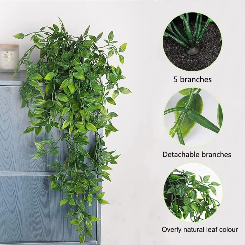 Plantas Artificiales Colgantes con Maceta, 2 Pcs Plantas Artificiales Decorativas, Planta Colgante Plantas, Falsas en Maceta para Estante Interior - Imagen 3