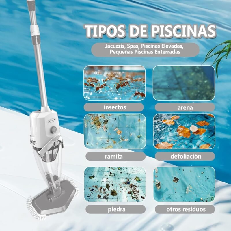 PoolyPoly Aspirador de Piscina Inalámbrica con Succión Fuerte, Limpiafondos Piscina a Bateria con Mango Telescópico, 1,8Litros de Filtro, Aspiradora Manual para Jacuzzi, SPA, Piscina, Gris - Imagen 4