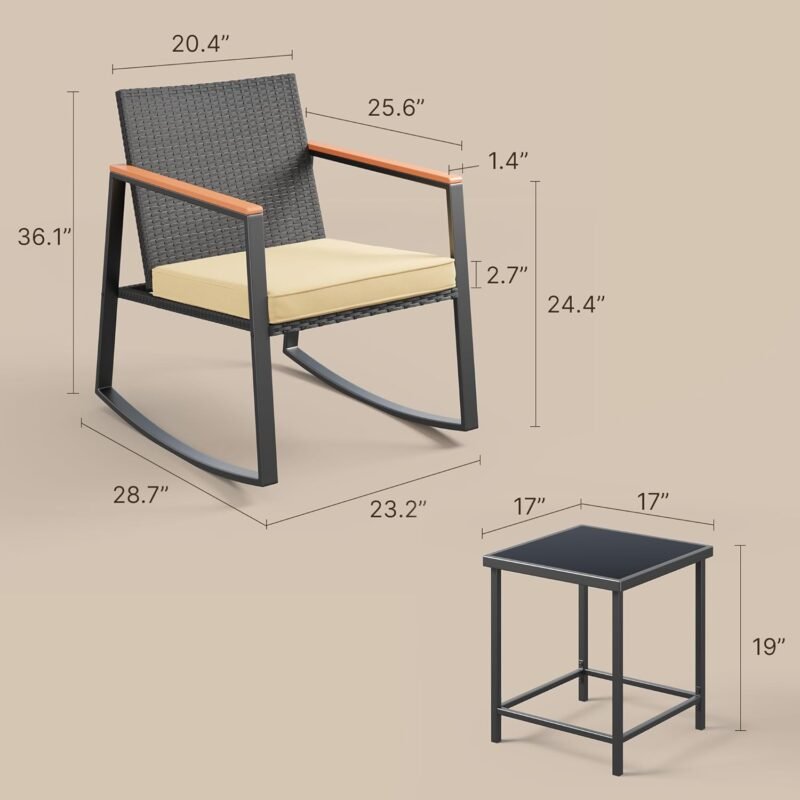 Gizoon 3 Pieces Rocking Patio Bistro Set with Anti-Scald Armrest, Outdoor Patio Wicker Furniture Set with Glass Table and Cushion for Garden, Yard, Porch - Imagen 4