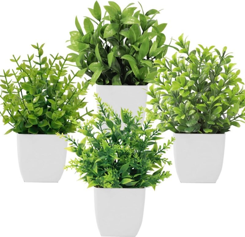 Roqueen 4 Piezas Plantas Artificiales Mini Ecologización Artificiales Macetas Plantas Plásticos Plantas Falsa para Casa Baño Oficina Mesa Decoración