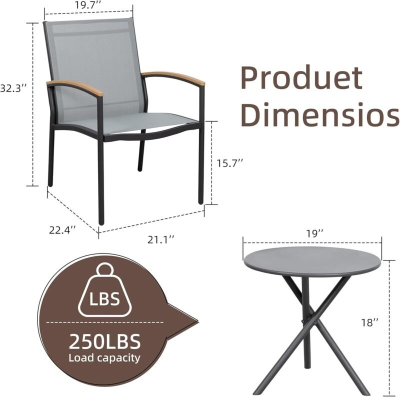 Shintenchi 3 Pieces Patio Bistro Sets, Outdoor Textilene Fabric Conversation Bistro Set, Textilene Fabric Front Porch Chairs Small Patio Furniture Set with Table for Lawn,Garden,Balcony (Grey) - Imagen 6
