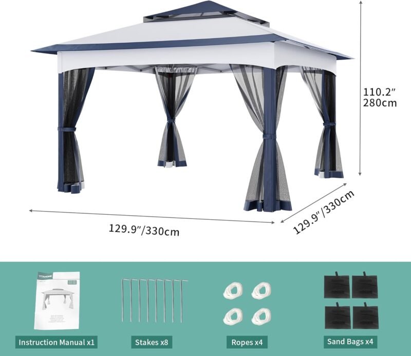 YITAHOME Carpas Plegable con Laterales, 3.3 X 3.3M cenador Gazebo Impermeable con Cortinas y mosquitera para Jardin,Exteriores,Camping,Fiesta,Patio,Barbacoa (Azul) - Imagen 6